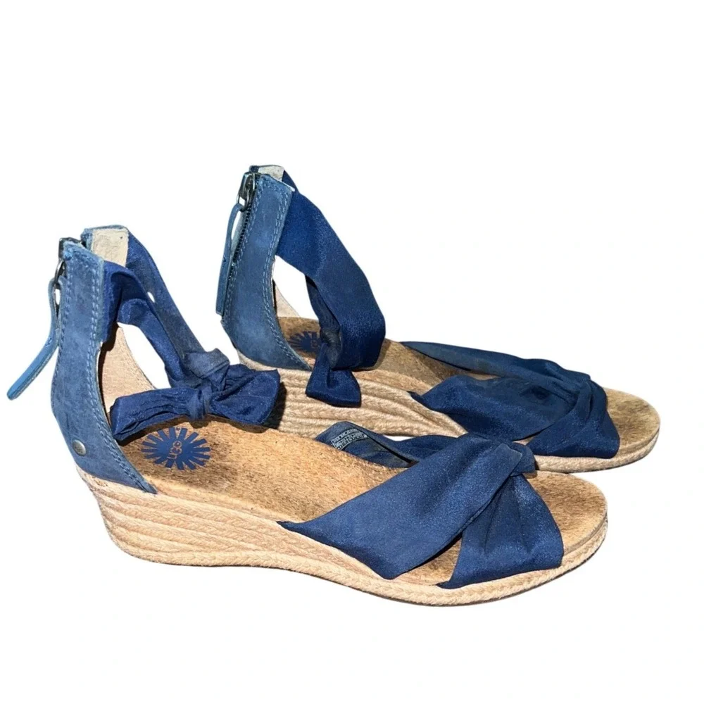 UGG Trina Navy Blue Espadrille Wedge Sandals Womens 8.5 Ankle Tie Coastal Summer